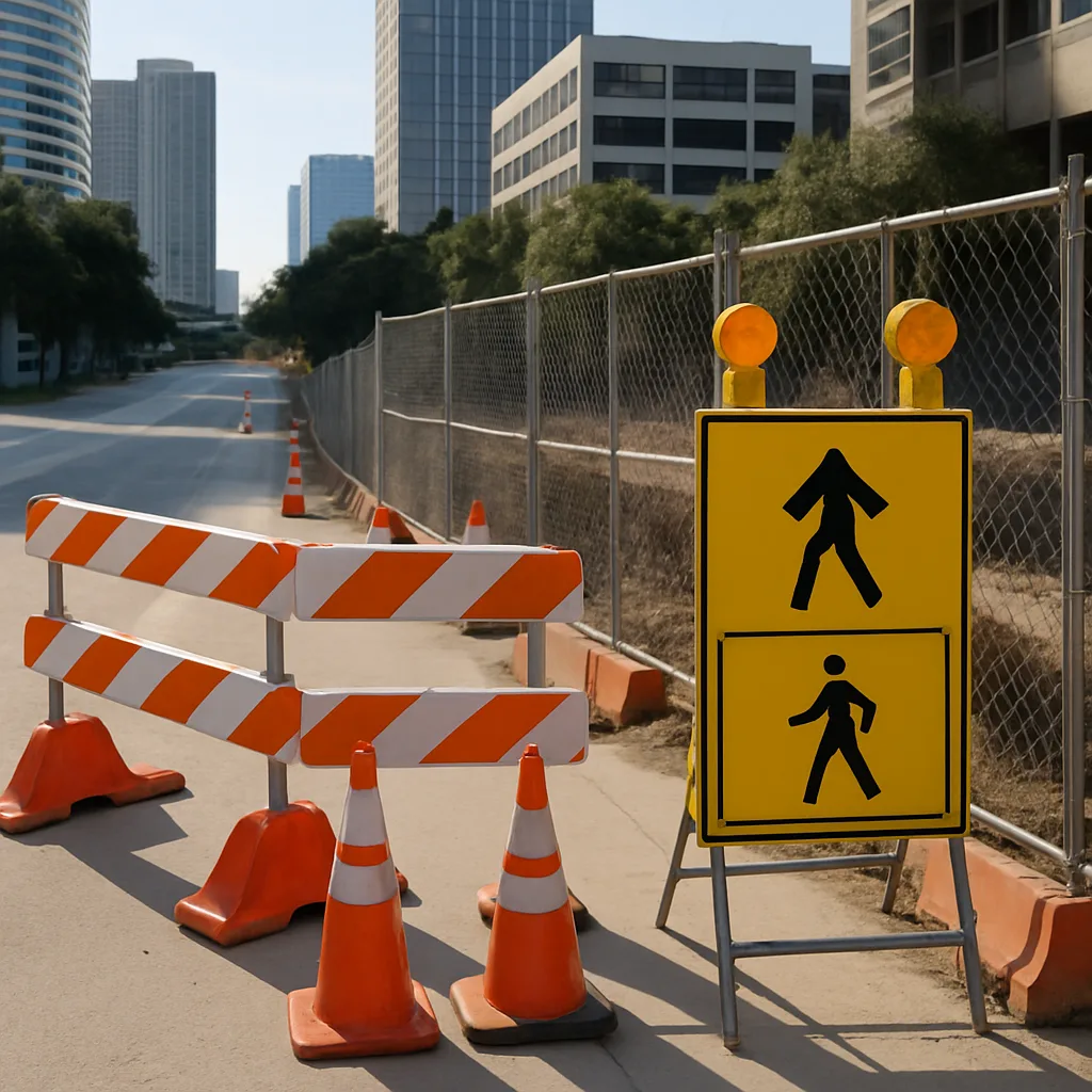 Barreras, iluminación y desvío peatonal en una zona de obras de Houston