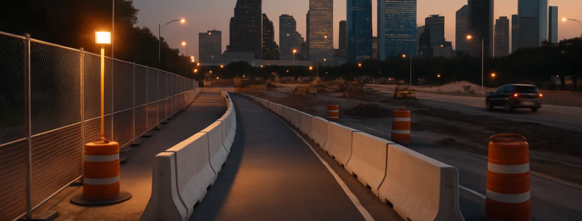 Peatón atropellado en obras en Houston: barreras y ruta peatonal temporal