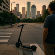Accidente entre peatón y scooter eléctrico en Houston junto a una acera urbana