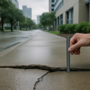 Caída de peatón por acera dañada en Houston junto a una superficie desnivelada