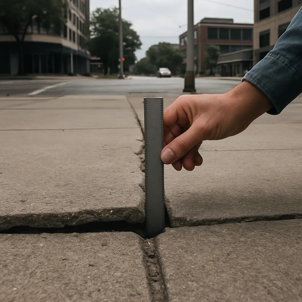 Fotografía de una grieta en la acera de Houston con una regla para mostrar su escala