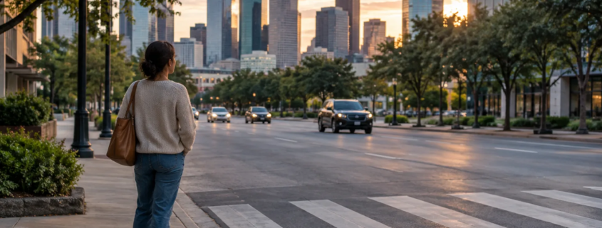 Escena de cruce peatonal en Houston que representa el trauma emocional tras un atropello