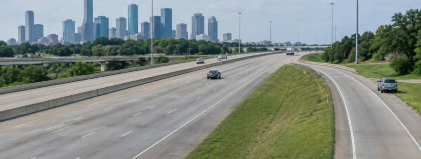 Autopista de Houston con arcén y vehículos, contexto de peatón atropellado en autopista de Houston